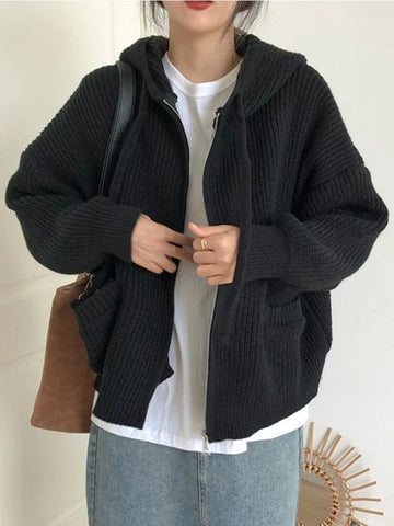 Getadme-Vintage Green Hooded Knitted Cardigan Women Y2K Harajuku Oversized Sweater Female Black Zipper Tops Korean Streetwear